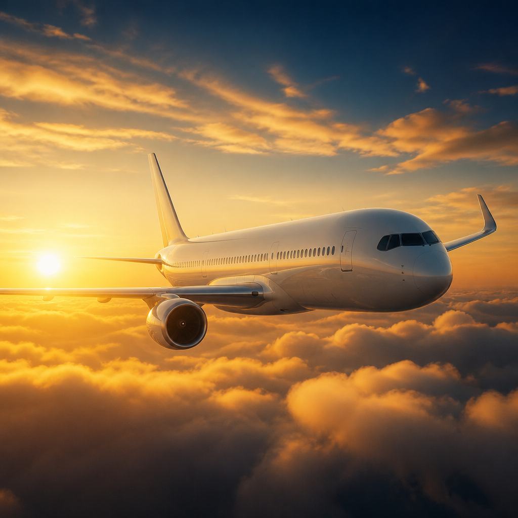 Commercial airplane flying above golden clouds